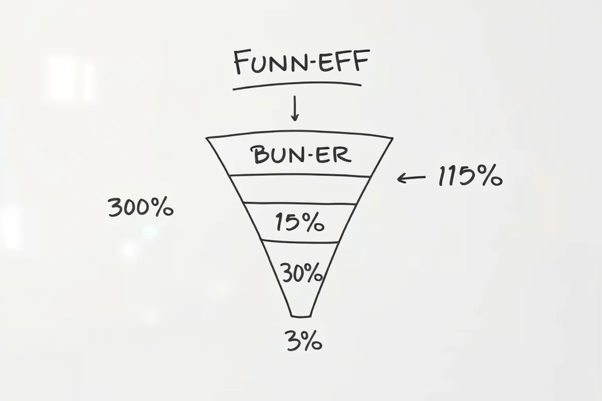 Funnel diagram with drop-off percentages drawn on a whiteboard
