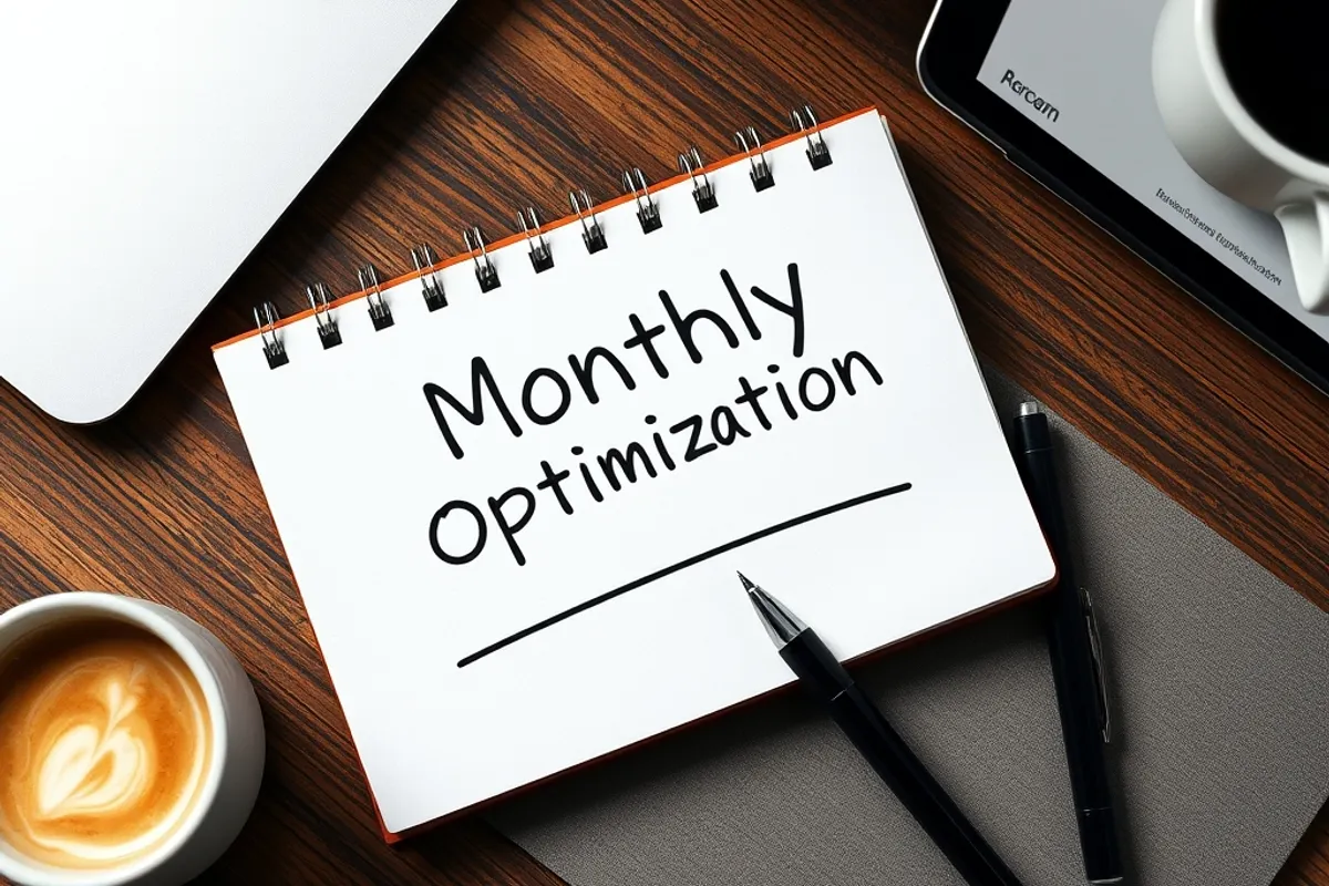 Monthly optimization log in a notebook beside a laptop