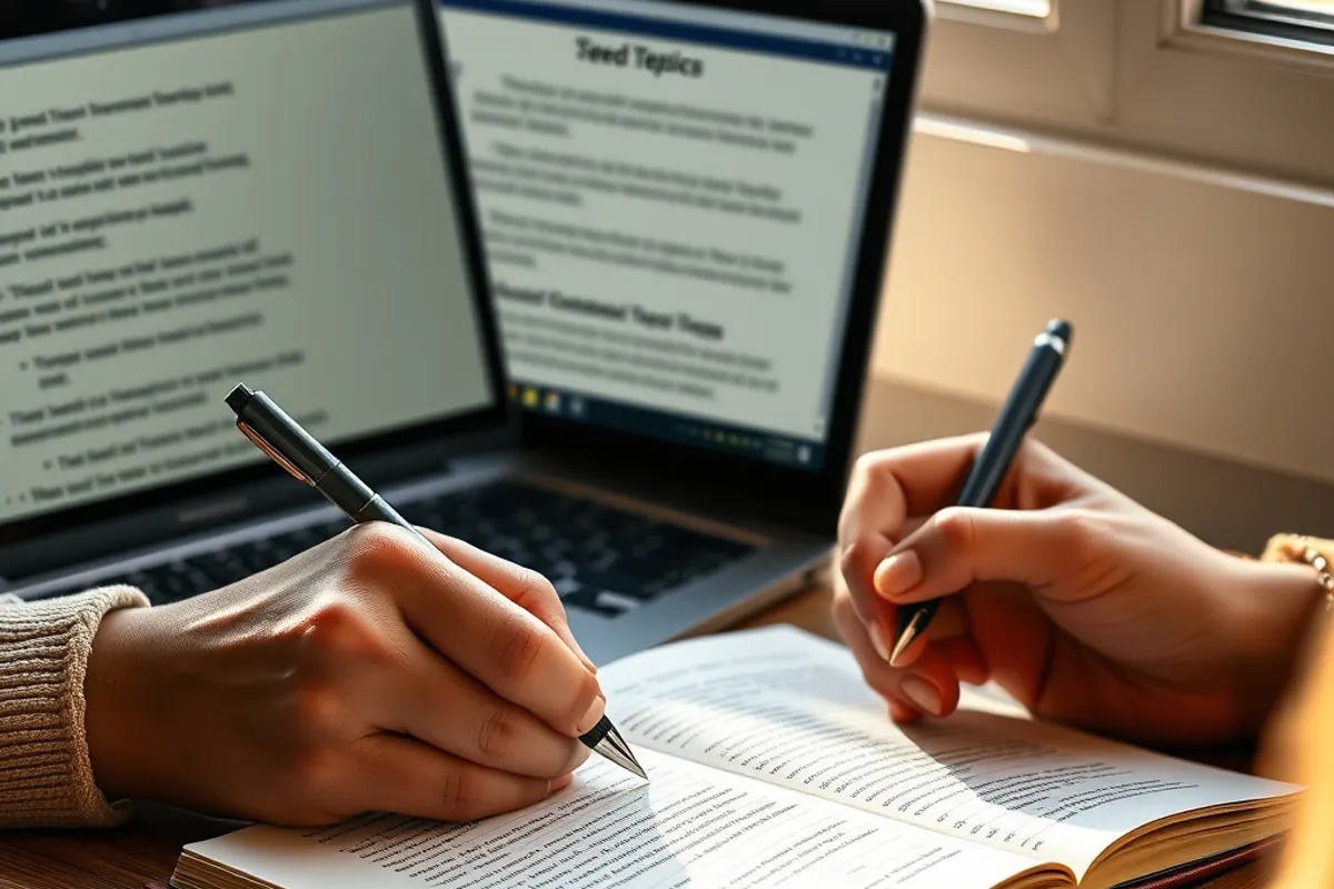 Person writing seed topics in a notebook beside a laptop
