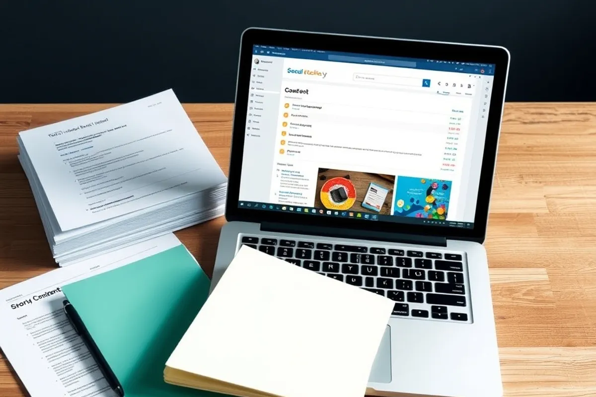 Quarterly content review notes beside a laptop showing search console