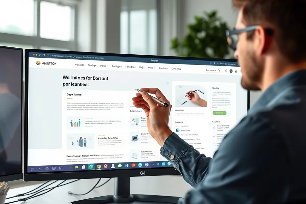 Designer reviewing a landing page layout on a large monitor