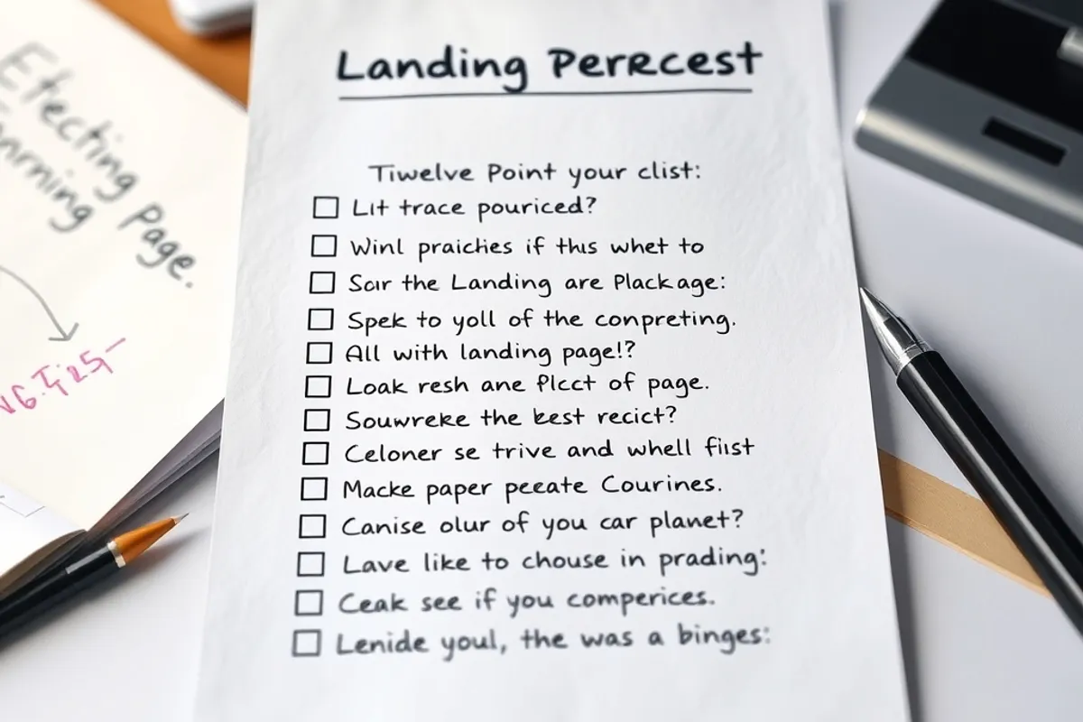 Printed twelve-point landing page checklist with handwritten notes