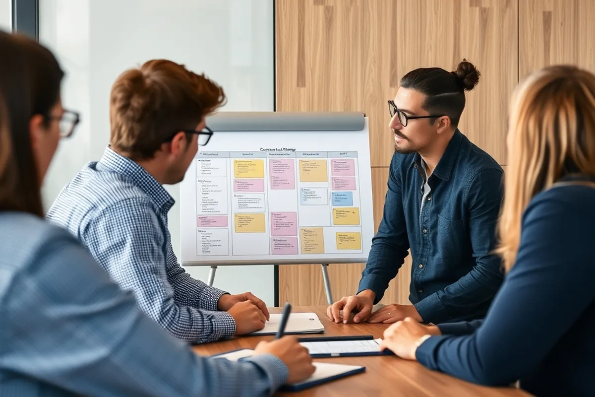 Team reviewing a content map during a monthly planning meeting