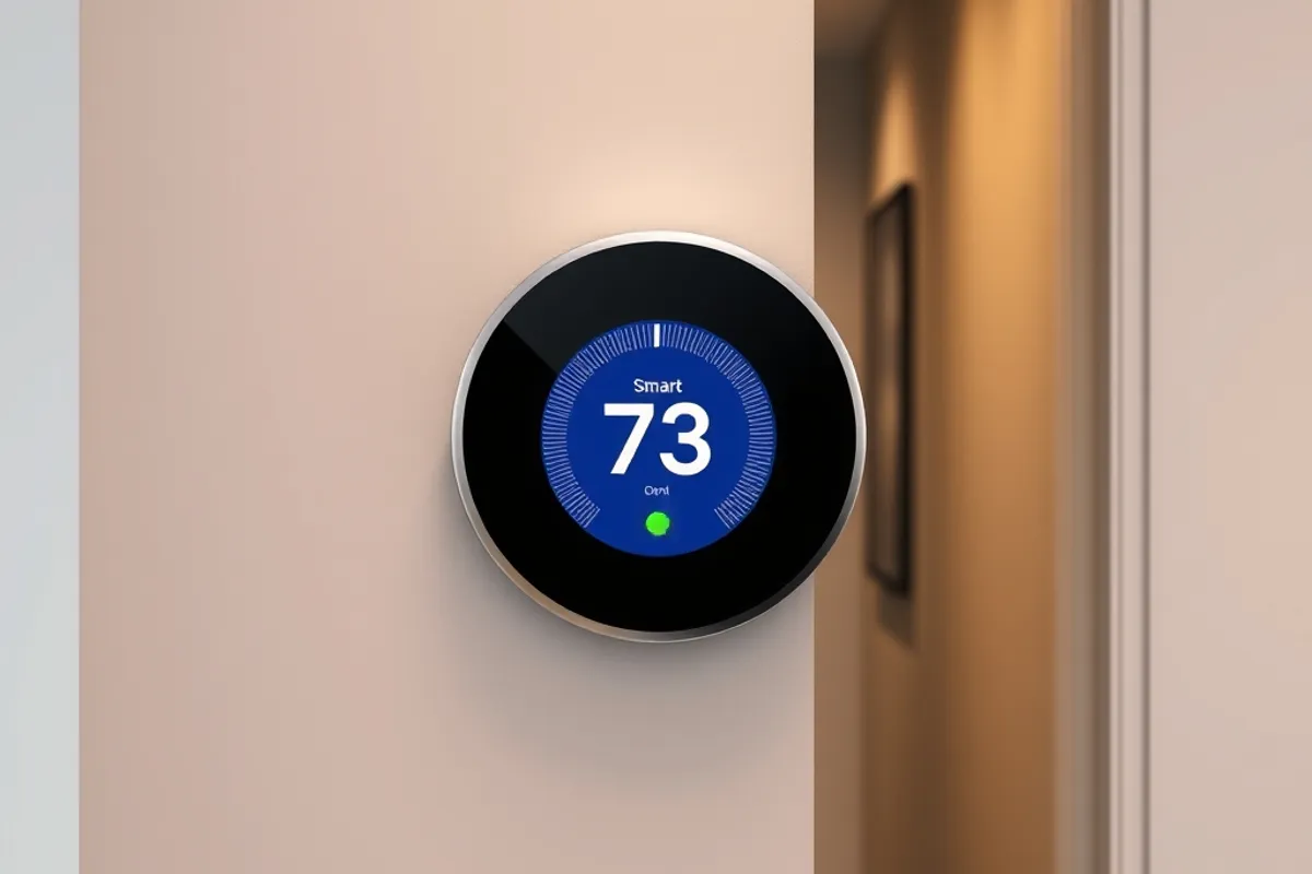 Smart thermostat mounted on a hallway wall