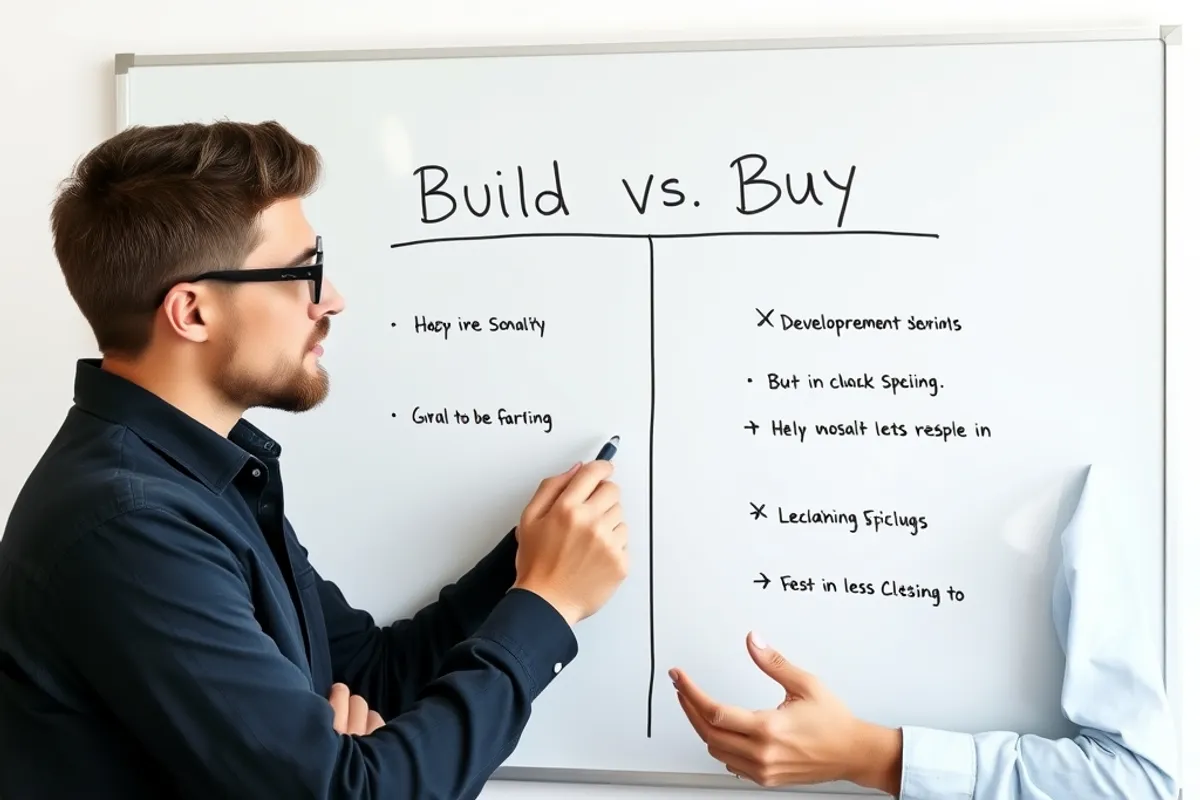 Developer and founder comparing build versus buy options on a whiteboard