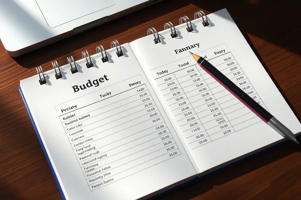 Simple budget summary on a notebook beside a laptop
