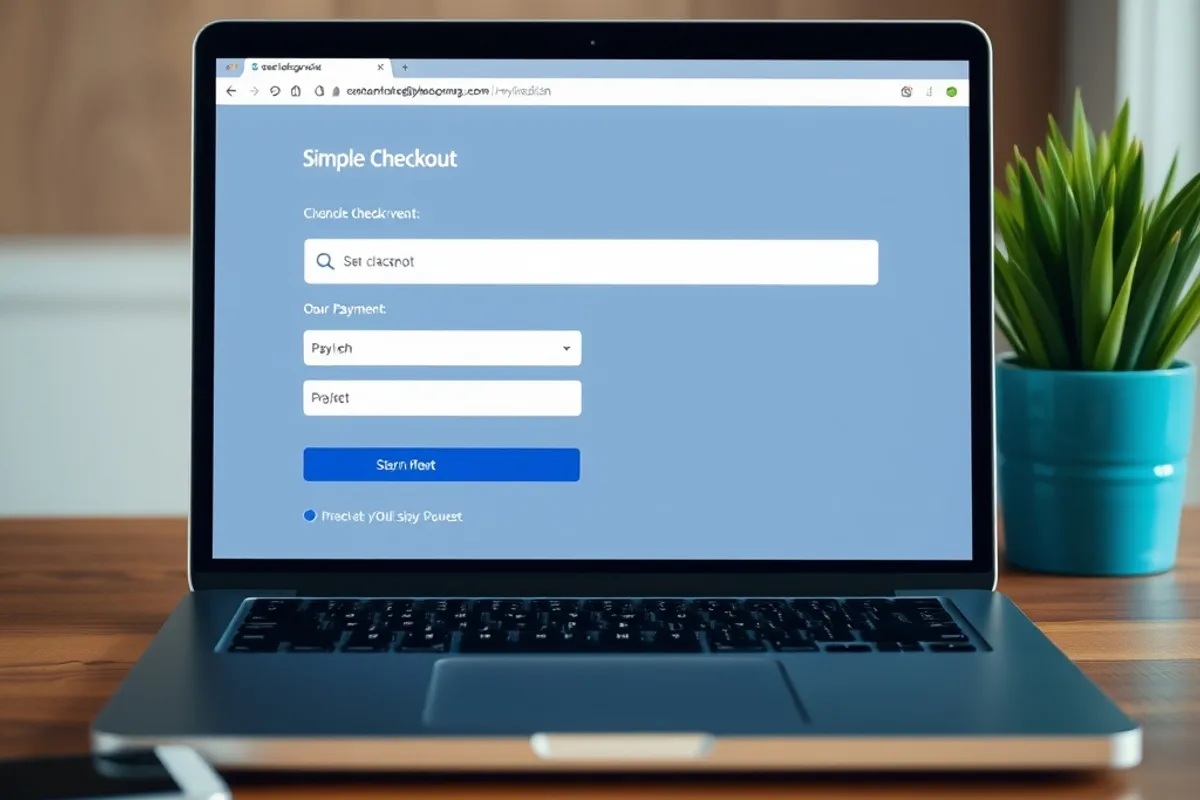 Laptop showing a simple checkout page with a payment button