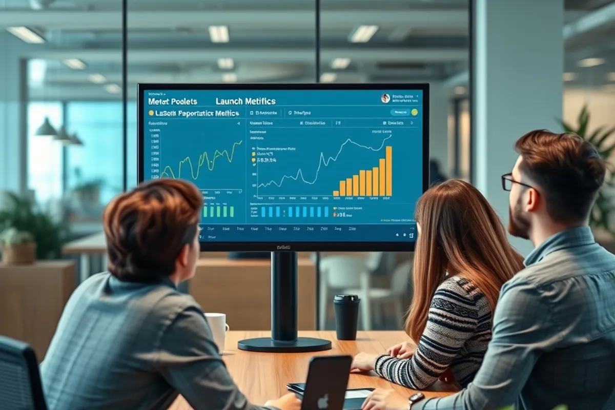 Small product team reviewing launch metrics on a monitor
