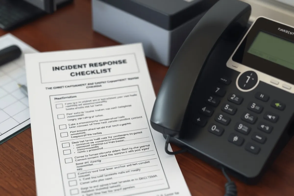 Printed incident response checklist beside an office phone