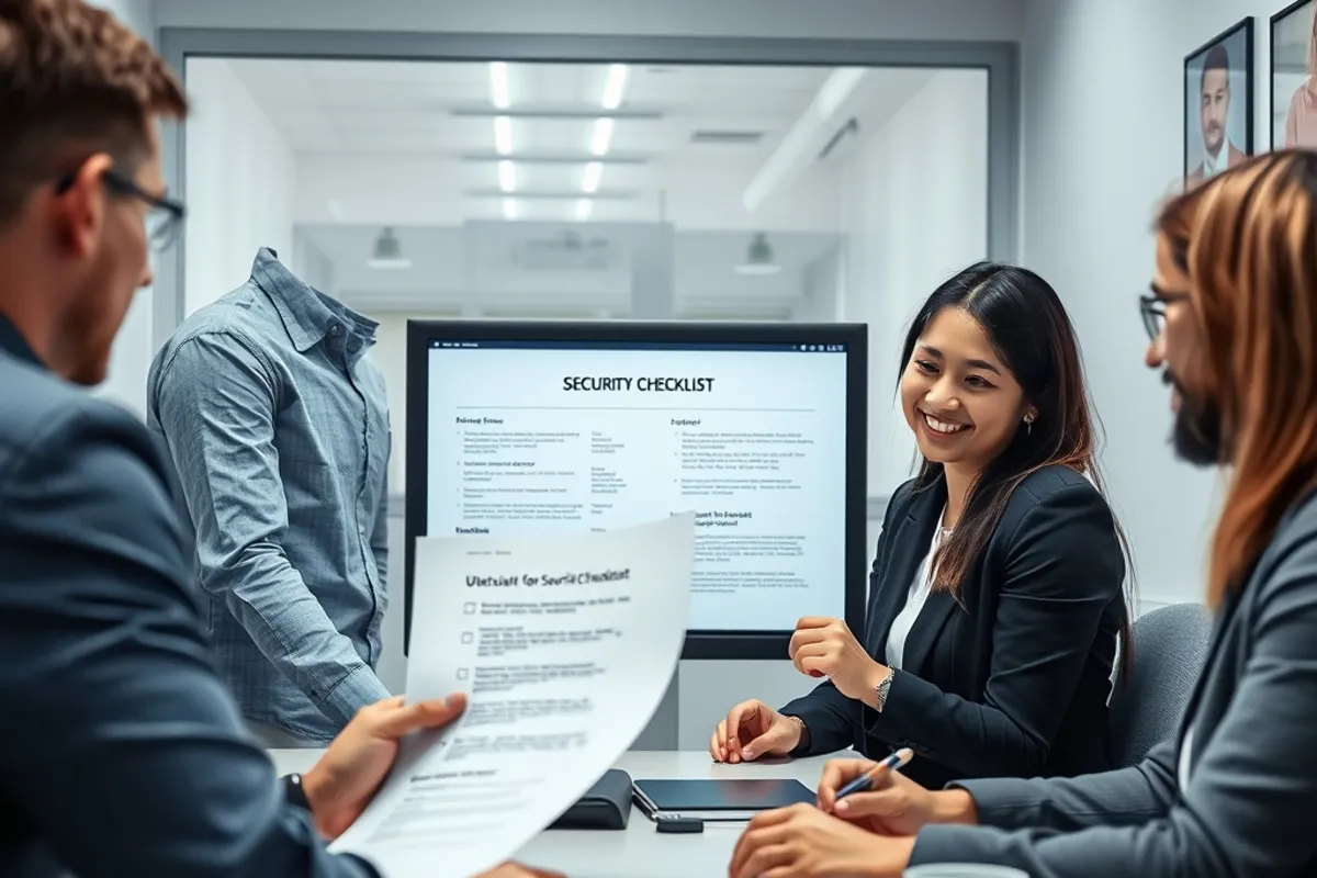 Team reviewing a website security checklist in a small office