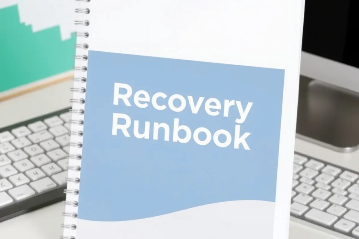 One-page website recovery runbook printed on a desk